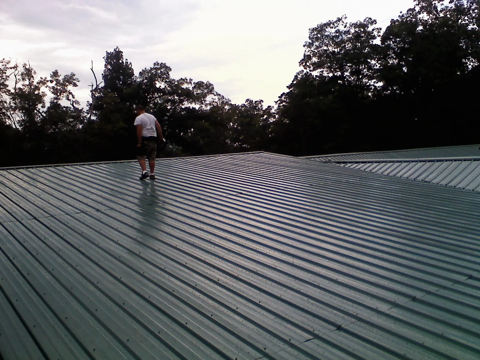 Roofer walking a wide expanse of new green metal roofing in Wolcott